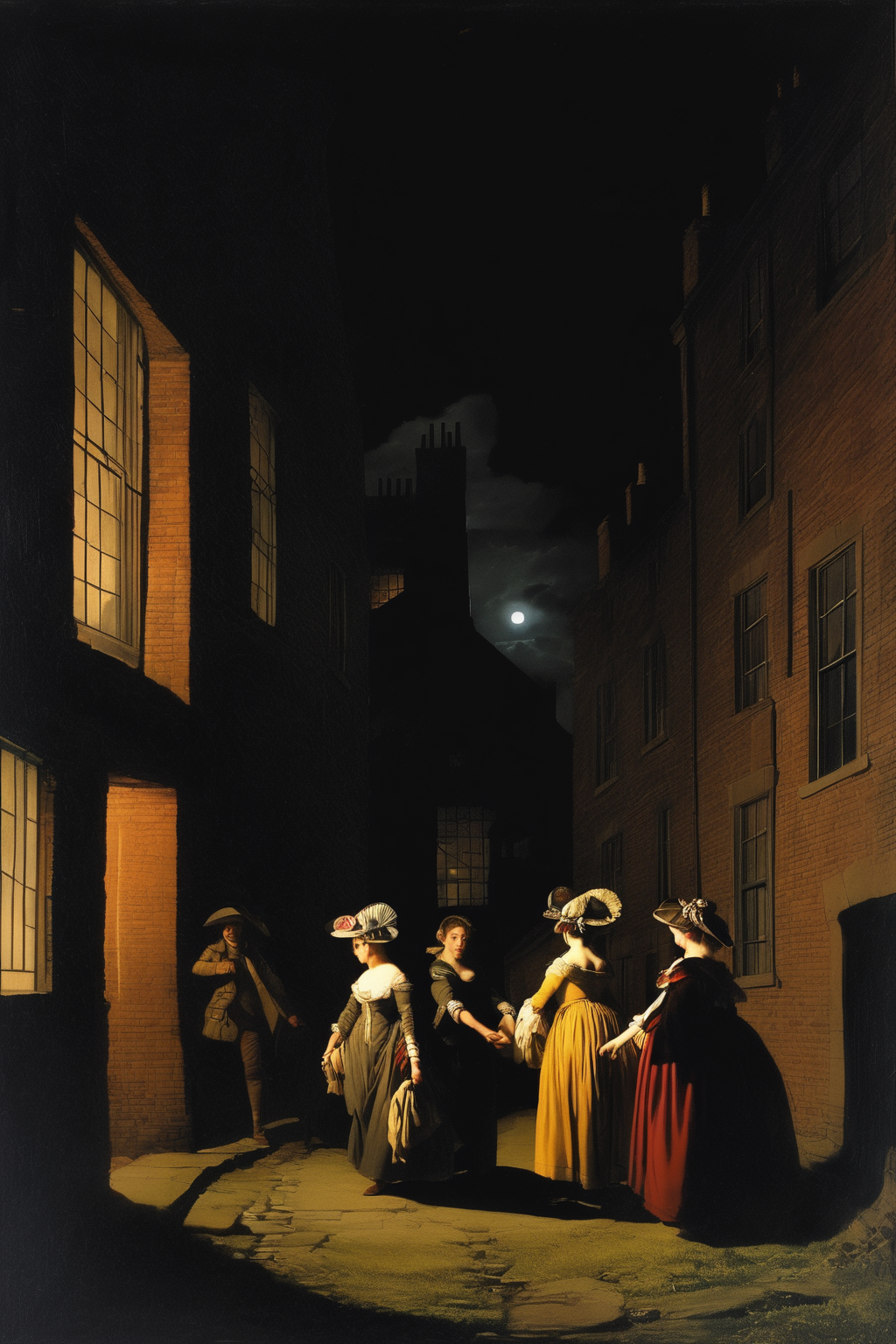 Joseph Wright Of Derby Style - create a realisitc picture from 2 joung woman in the year 1817 in birmingham that are walking together to home in the night from a dance