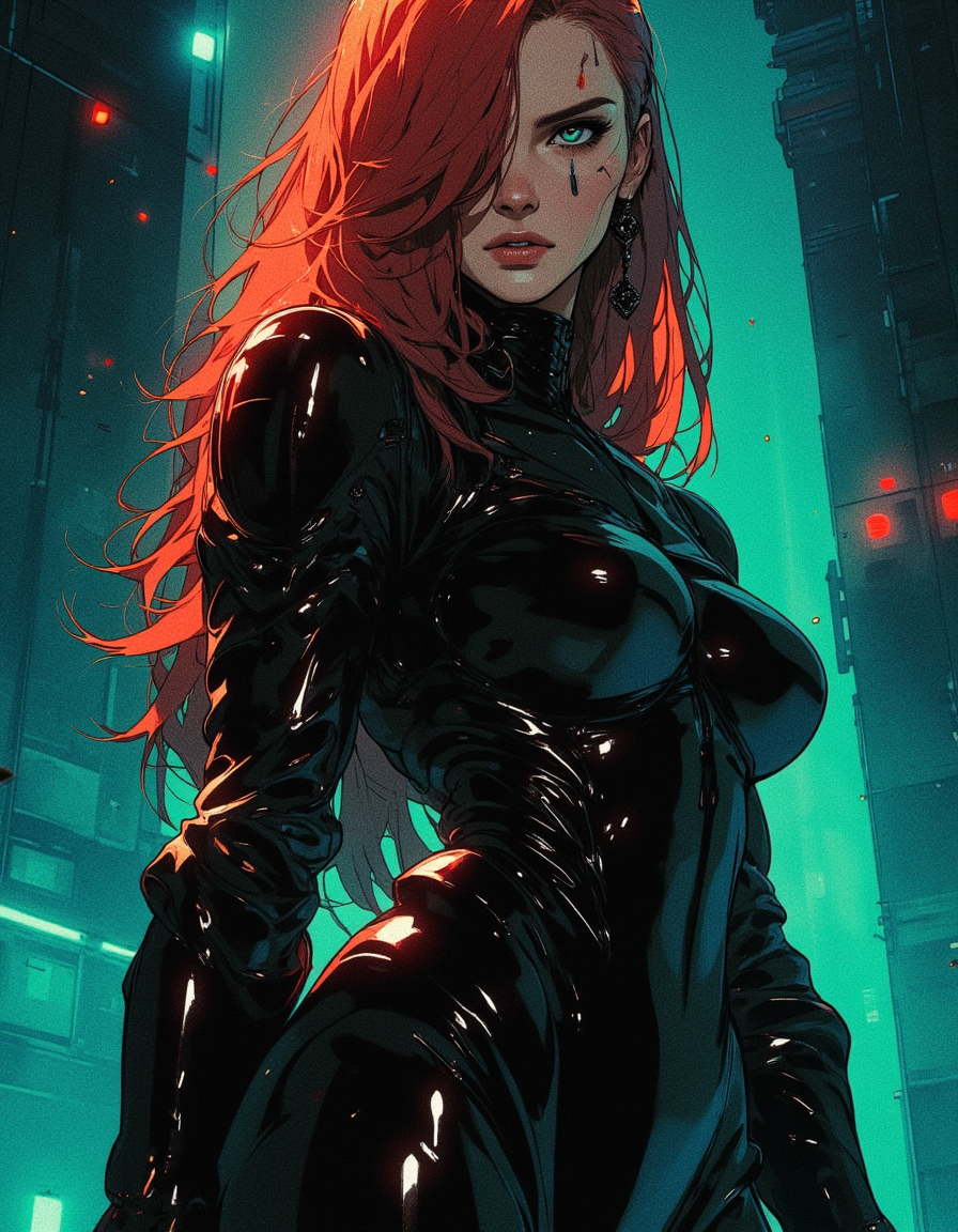 mature sexy woman,(photography, realistic:1.4), fashion photography, dark background, Comic book style 8k high quality digital painting , masterpiece, very detailed, ultra realistic, (best quality) very detailed epic masterpiece,(realistic:1.4), cowboy shot, from below, Adamhughesstyle, Chiaroscuro Lighting Style jessica rabbit, long red hair, hair covering one eye, green eyes, she has large breasts, seductive look on her face, looking at viewer. she stands in a nightclub filled with shadows and smoke, spotlight, partially covered in shadows , filigree 4k uhd, cyberpunk, enchanted reality..
(depth of field)
mythp0rt,

nigiex.  
. The background is minimalist, a gradient of shadowy blue tones, amplifying the ethereal and futuristic ambiance of the scene. The overall composition feels cinematic, blending high fashion with a science fiction aesthetic. 