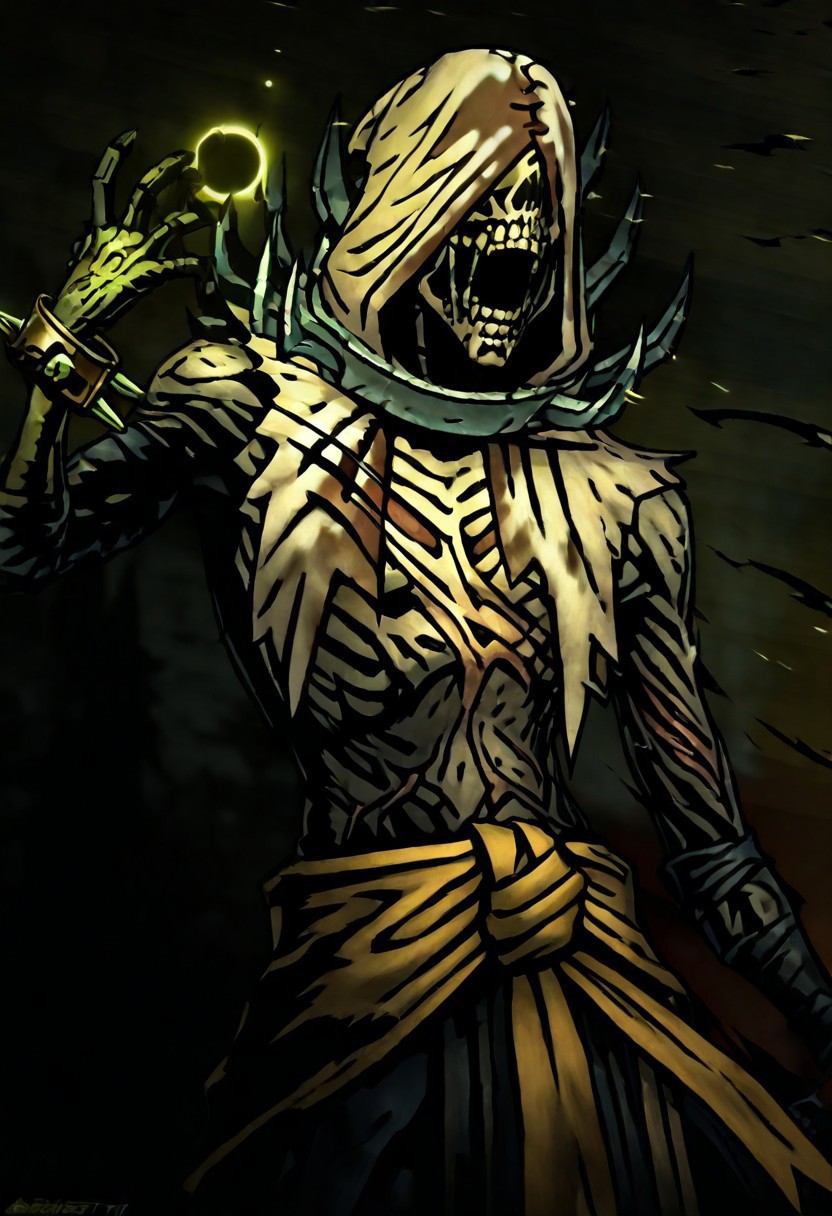 masterpiece, best quality, newest, absurdres, highres, DDstyle, official style, 
1boy, DDFLA-V1.1, collar, spiked collar, hood, scar, sash, spikes, undead, zombie, hood, hood up, teeth, bracelet,