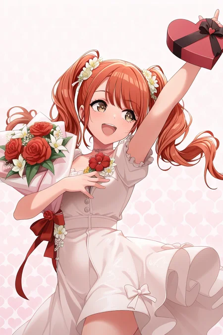 masterpiece, best quality, amazing quality,
1girl, solo, pretty, happy, open mouth, many heart shape box, bouquets flower, arm up, dancing, simple background, heart pattern background,
 <lora:Rika_IL:1> rika, twintails,