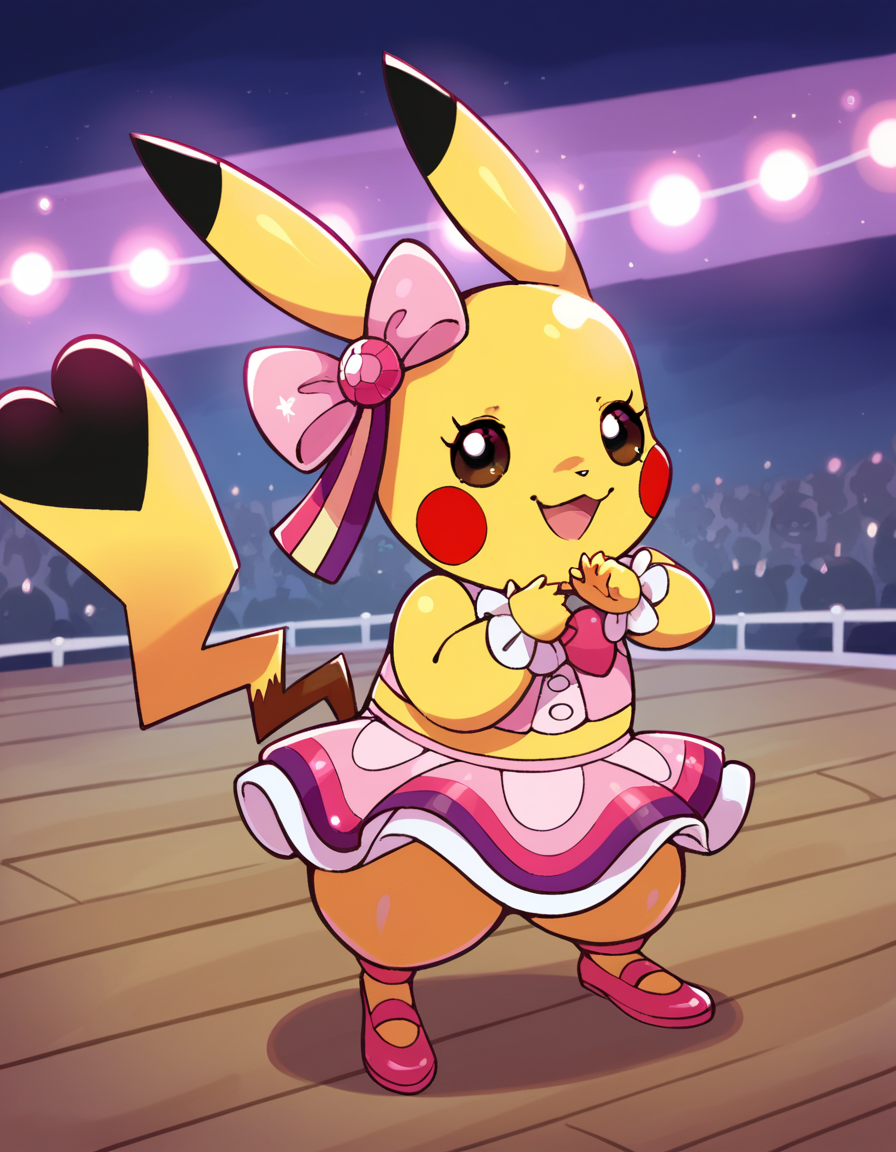zPDXL, score_9, score_8_up, score_7_up, score_6_up, score_5_up, 4k, absurdres, looking at viewer, <lora:Perfect Hands:0.8> Perfect Hands,
<lora:CosplayPikachu v2:0.8> cosplay pikachu, pokemon \(creature\), pikachu ears, pikachu tail, feral, shortstack, flat chest,
popchu, pink ribbon, ear ribbon, pink skirt, pink tank top, frilled cuffs, pink footwear,
(indoors, Outdoor Stage, set against a twilight sky, colorful lights illuminating the stage, audience seated on the ground, ambient music playing)