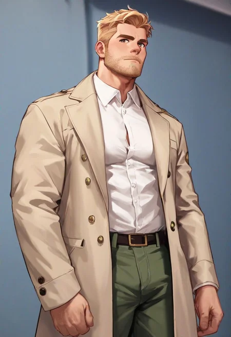 score_9, score_8_up, score_7_up, solo male, Reiner Braun, blond hair, short hair, (facial hair, stubble:1.1), hazel eyes, tall, white collared shirt, light-brown trench coat, (open coat:1.1), military green pants, black combat boots, handsome, charming, alluring, standing, upper body, perfect anatomy, perfect proportions, best quality, masterpiece, high_resolution, dutch angle, cowboy shot, photo background
