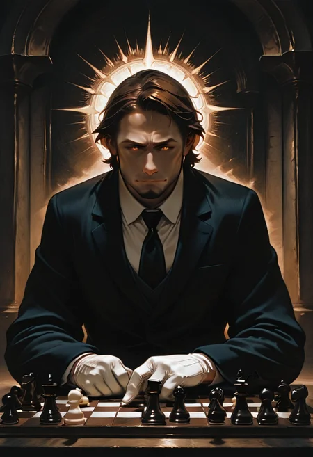 masterpiece, best quality, amazing quality, absurdres, newest, detailed background, definition so sharp, Ultra-HD, 8K cinematic, very awa, impressionate, amazing quality, highres, rnsls2,
solo, male focus, manly, shadow, shiny skin,
shimonmakusu, shimon_brunette, shimon_orange eyes, 1boy, short hair, stubble, goatee, mature male, cold_expression, intense_gaze, mastermind, strategist, chess_board, gloves, suit, shadowed_face, calculating, observant, monochrome, sharp_focus, confident_pose, dark_academia