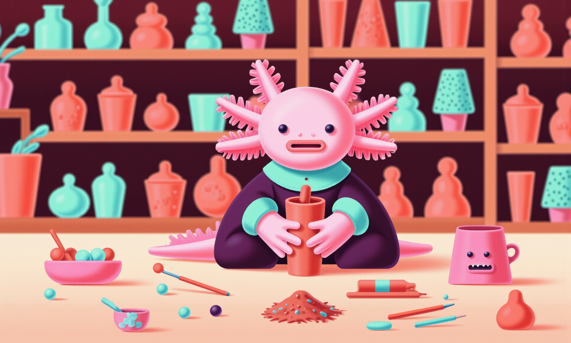 wh1m5y_style flat illustration, axolotl, high-angle view of a pink axolotl dressed in a tiny artistâs smock, delicately sculpting a miniature clay pot with its tiny hands; its round black eyes show intense concentration, and its frilly gills are still as it carefully shapes the clay; small pottery tools and colorful paints lie around, while the tilt-shift effect blurs the background shelves of finished clay pots and sculptures, creating a cozy studio atmosphere filled with creativity and detail<lora:Axomodel_Flux_V2.safetensors:1.0:1.0> <lora:wh1m5y_style flat illustration__FLUX.safetensors:1:1>