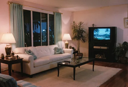 MiamiVice, living room, indoors, highly detailed, 4K, (grainy analog 35mm film photo)