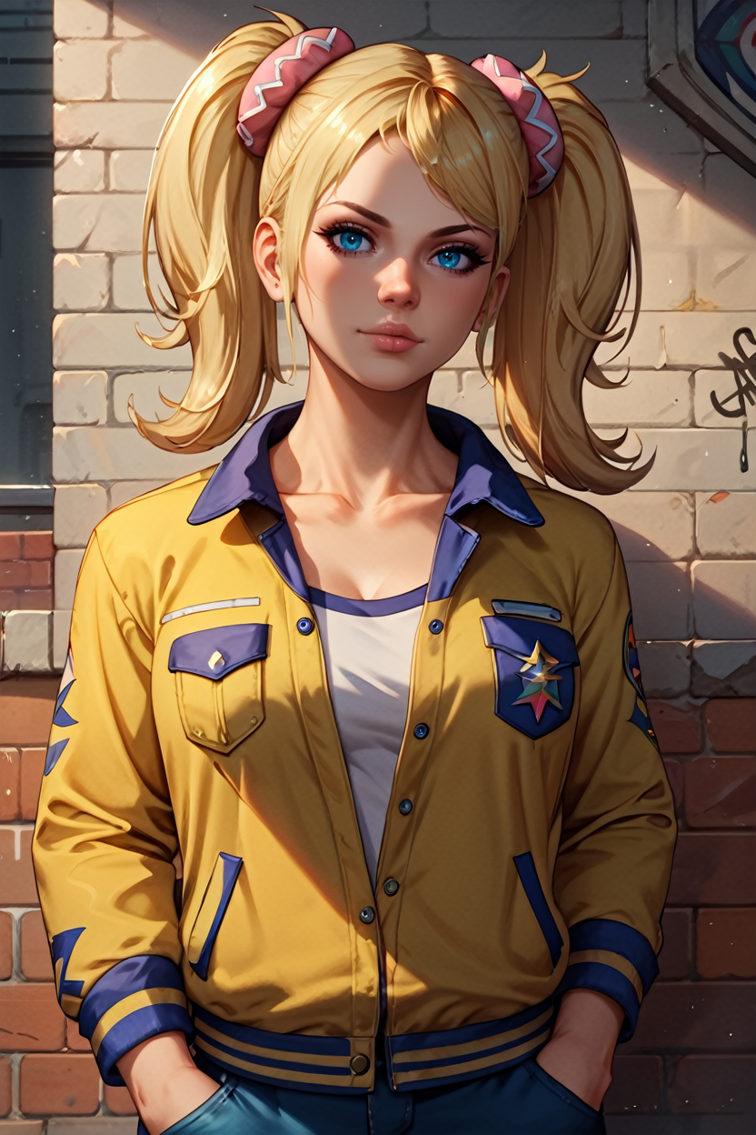 score_9, score_8_up, score_7_up, score_6_up
<lora:LCJuliet:0.8>
LCJuliet, 1girl, blonde hair, twin tails, blue eyes, looking at viewer, leaning against a brick wall, hands in jacket pockets, urban alleyway with graffiti art, moody lighting with shadows, edgy and modern vibe