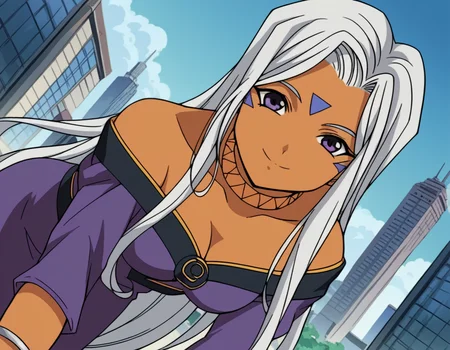 score_9, score_8_up, score_7_up, source_anime,
goddessurd, <lora:goddess-urd-s2-ponyxl-lora-nochekaiser:1>,
goddess urd, long hair, purple eyes, white hair, dark skin, dark-skinned female, facial mark, forehead mark,
cleavage, bare shoulders, jewelry, choker, off shoulder, bracelet, dress, purple dress,
outdoors, cityscape, smile, bent over,
looking at viewer, cowboy shot, solo, dutch angle,