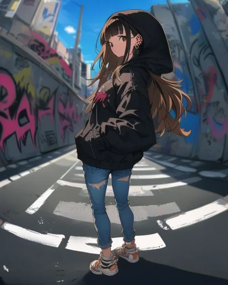 (depth of field:1.3, fisheye),
<lora:Sky_Alley_XL:1>
1girl, bangs, black hair, blurry, brown hair, building, city, denim, ear piercing, facing away, graffiti, hands in pockets, hood, hooded jacket, jeans, jewelry, long hair, looking at viewer, outdoors, road, sign, sky, sneakers, socks, solo, street, torn jeans, torn pants, weapon, wild_style