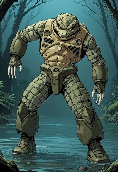 score_9, score_8_up, score_7_up, source_anime, cowboy shot, side view, BREAK, ( zgok, green_zgok_armor, pink monoeye, full body, looking at viewer, combat pose, ballast tanks on back, green zgok, weathering, green scales, crocodild texture, legs apart, 3 fingers, ) 1mech, mech focus, solo, BREAK, swamp, bayou, fog