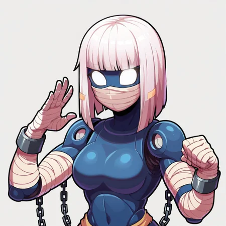 score_9, score_8_up, WakfuMMOArt, medium shot, half body, cartoony, 2d, highres, 1girl, solo, bandages, bandage hair, chain, striped, colored skin, striped sleeves, simple background, mummy wraps, fully wrapped body, robot, cyborg, pale dark blue armor, big chain, military salute, no pupils, wide-eyed, Xelor, wraps, white hair, humanoid robot, white eyes, glowing eyes, black eye outlines, full face mask, dark blue metal mask:2, robotic movement, curvy body, time wizard, clock hands pose:2,