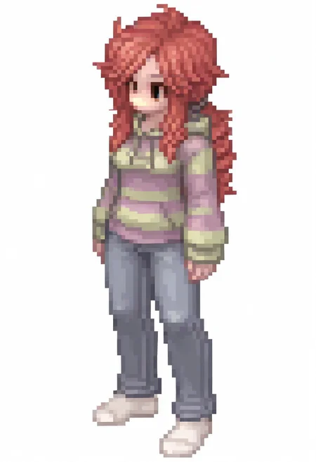 (1girl, female focus, solo,),ViviJa, green eyes, red hair, very long hair, messy hair, asymmetrical bangs, parted bangs, sidelocks, freckles, bags under eyes,
(Rouge, ) (satyr maiden,)
black shirt, striped hoodie, green hoodie, purple hoodie, hood down, jeans, blue jeans, white socks, no shoes,
Round breasts, pale skin, skindenation,
(Red hair, long ponytail drill, )
(ROSPRITE, Black filled oval eyes, Ragnarok online character, transparent background )