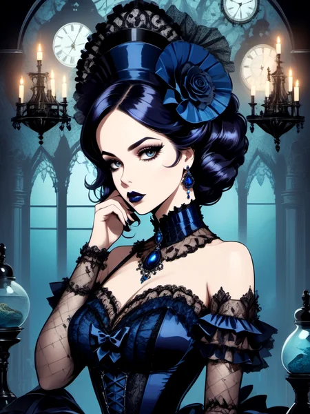 Gothic style beautiful woman wearing a burlesque dress One hand on chin, looking contemplative in Marine Science Laboratory, <lora:xl_burlesque_dress-1.0:0.8> . Dark, mysterious, haunting, dramatic, ornate, detailed