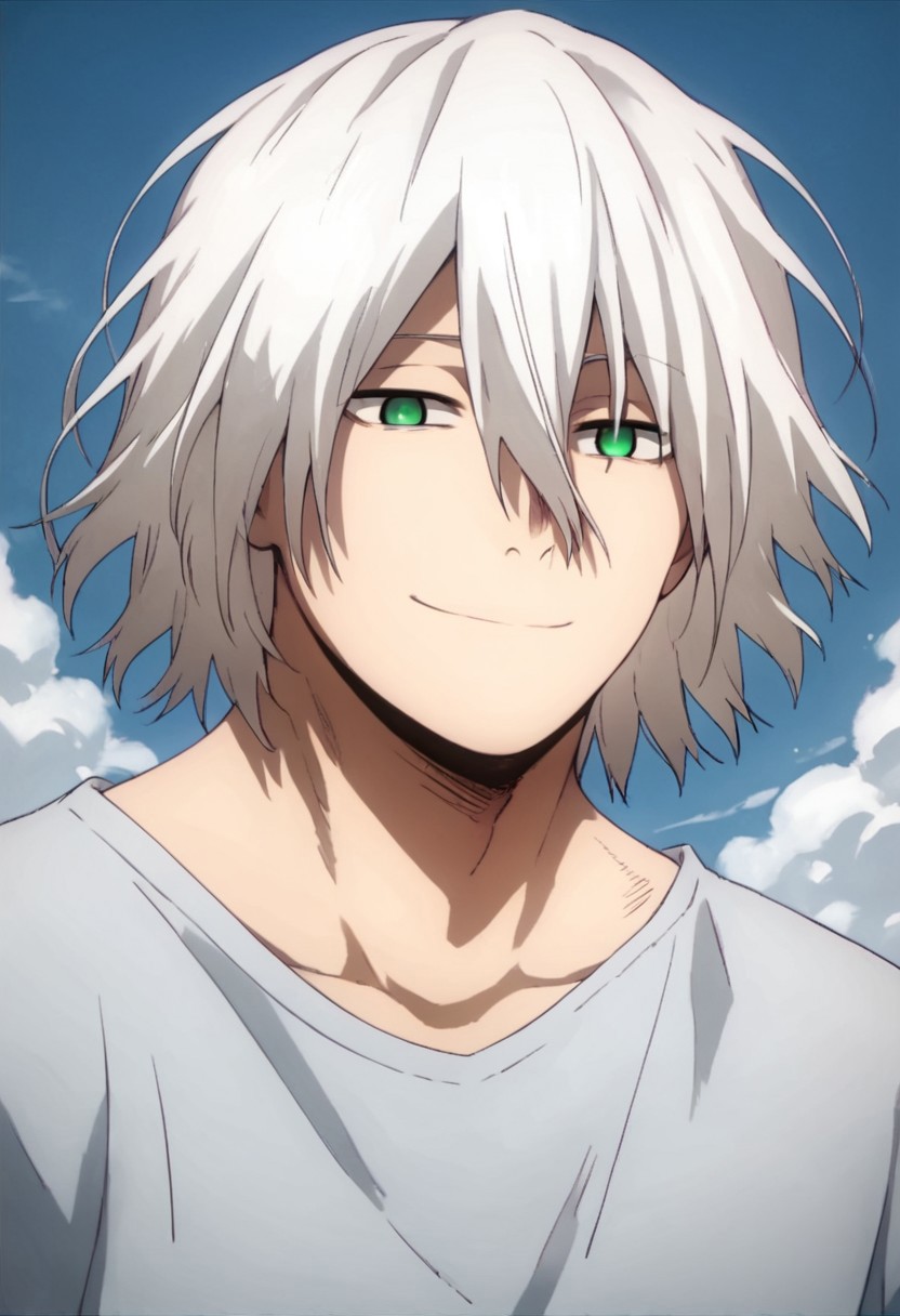 score_9,score_8_up,score_7_up,score_6_up,score_5_up, source_anime, smile,detailed background, mature, man, male focus, 1boy, blue sky background, White hair, green eyes, source_anime, hair between eyes