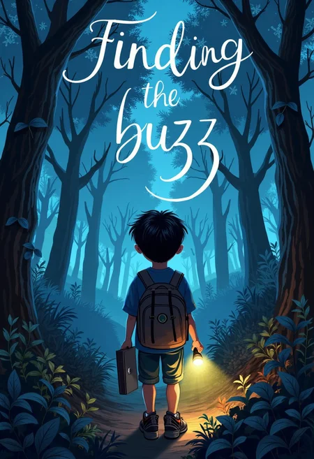 book_cover, title "Finding buzz" written by "buzz beggar",
A handsome schoolboy wearing round glasses wandering in the night forest, holding a flashlight in one hand and a laptop in the other,Realistic style