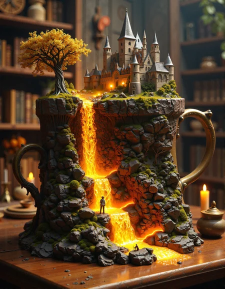 aidmaHyperrealism,
A large, ancient mug, half-hidden among wooden shelves, holds within it a breathtaking miniature world—a glowing medieval kingdom floating atop its rim, bathed in golden light. The castle’s pointed spires reach toward the heavens, their gothic architecture covered in ivy and shimmering with warm, inviting lanterns, as though an entire civilization thrives within its walls. On one side, a majestic tree with twisted branches and golden foliage extends over the edge, its roots grasping onto the rocky terrain, as if protecting the sacred realm from falling into oblivion. Below, the entire lower half of the mug becomes a radiant abyss, where a golden waterfall of pure celestial energy descends infinitely, its cascading streams forming glowing embers that hover in midair like fireflies caught in a divine current. A tiny traveler stands before this cosmic phenomenon, mesmerized by its grandeur, as molten light carves intricate glowing rivers into the rocky base of the landscape, creating veins of liquid gold. The setting, framed by the rich textures of aged wood and gentle flickers of distant candlelight, evokes the feeling of discovering a long-lost relic infused with pure magical energy, a gateway to a realm beyond imagination.
 <lora:aidmaHyperrealism-FLUX-v0.3:0.5> <lora:FluxDFaeTasticDetails:0.3>