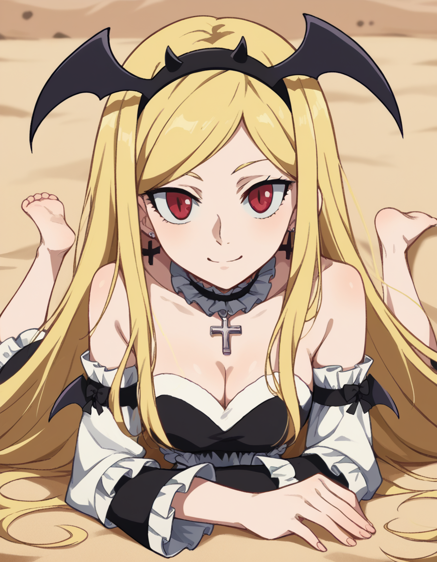 score_9, score_8_up, score_7_up, source_anime, <lora:elizabeth-greenhough-smith-s1-ponyxl-lora-nochekaiser:1>, elizabeth greenhough smith, long hair, blonde hair, red eyes, very long hair, hairband, parted bangs, black hairband, medium breasts,, dress, cleavage, bare shoulders, jewelry, earrings, frills, detached sleeves, wings, choker, black dress, parted bangs, bat wings, cross, black hairband, head wings, gothic,, desert, sand, dunes, cacti, heat, smile, <lora:the-pose-ponyxl-lora-nochekaiser:1>, the pose, on stomach, feet up, lying, soles, feet, legs up, head rest, barefoot, looking at viewer, solo,, dutch angle, cowboy shot