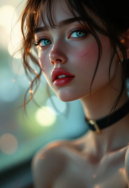 hyperrealistic digital painting by Jeremiah Ketner and Charlie Bowater and Stanley Artgerm and Thomas Saliot and J. Scott Campbell, shallow depth of field, realistic anime, bokeh, lifelike anime woman, closeup on cute face and body, eyes, lips, light and shadows on face, choker