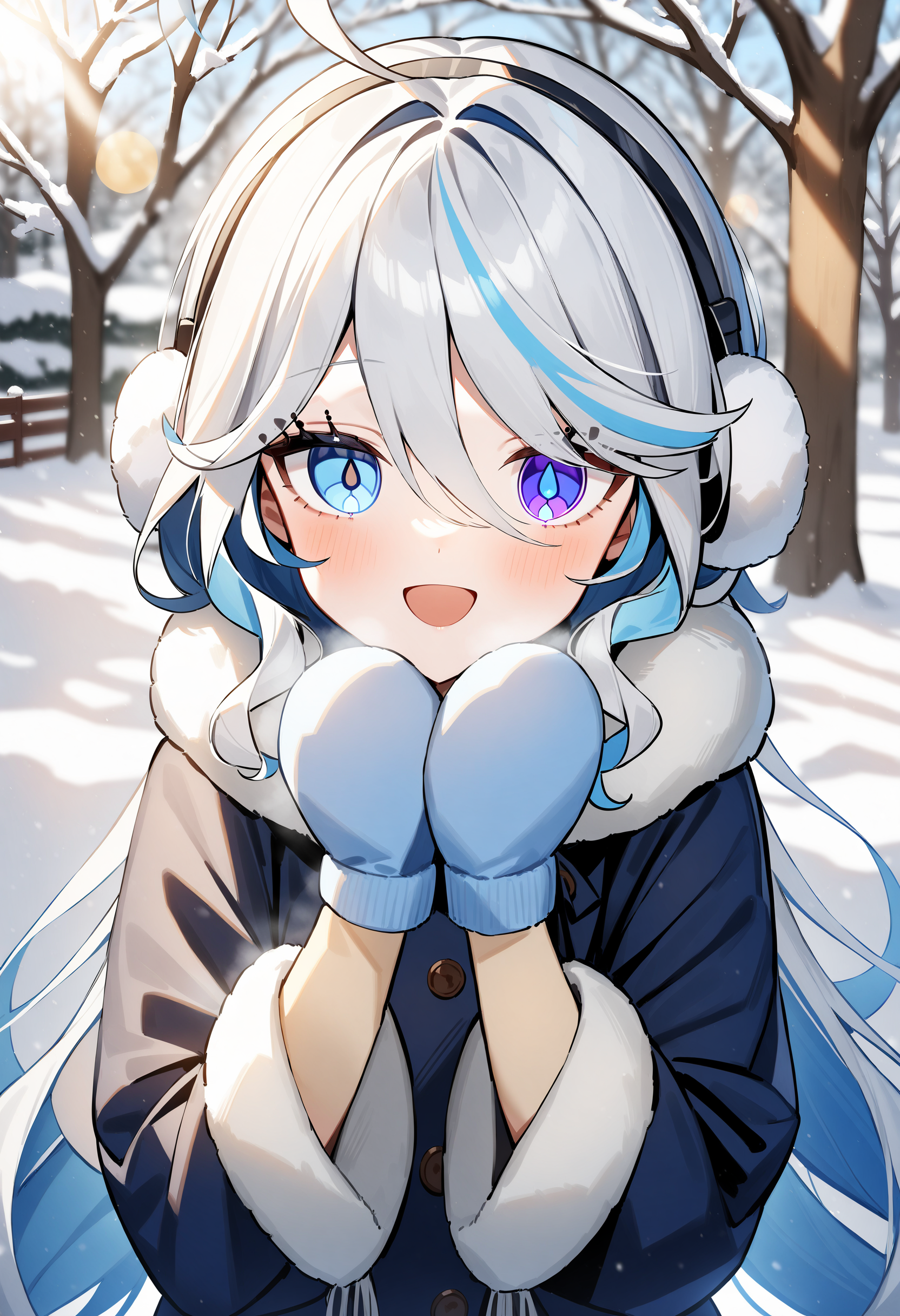 1girl, 
furina, solo, heterochromia, blue dress, scarf, mittens, fur-trimmed capelet, earmuffs, long sleeves, alternate costume, headband, sunlight, blue eyes, hands up, enpera, dress, white headband, fur-trimmed dress, winter, day, long hair, very long hair, looking at viewer, white capelet, hairclip, happy, lens flare, open mouth, winter clothes, upper body, own hands together, grey eyes, hair between eyes, fur trim, outdoors, hair ornament, wide sleeves, :d, grey hair, white scarf, 
best quality, masterpiece
 <lora:Furina_lastest:1>