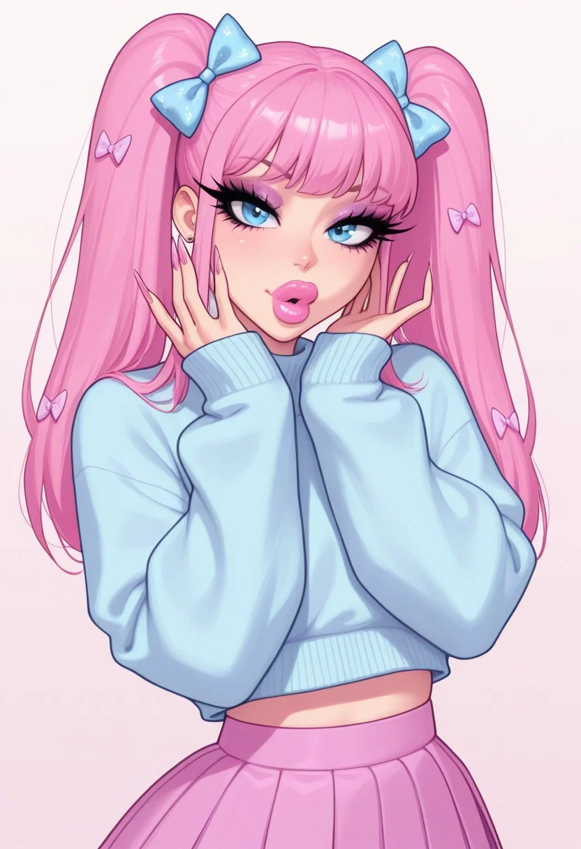 masterpiece, best quality, newest, absurdres, cute, extreme eyelashes, big lips, bimbo, eyeshadow, long nails, light blue clothes, pink hair, twintails, hair bows, sweater, midriff, pink pleated skirt
