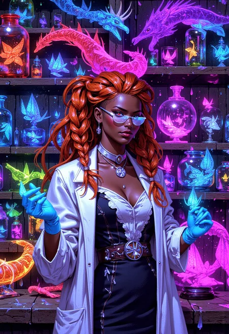 "Create an mosaic full of colors, like a twisted rainbow image of an elegant and observant mad scientist with dark black skin and long orange braids. She wears silver-rimmed glasses, a professional white coat, and a fitted dress that hints at her personal style beneath the professional exterior. She studies various fantasy and mythical creatures, the creatures and specimens are kept in glass jars