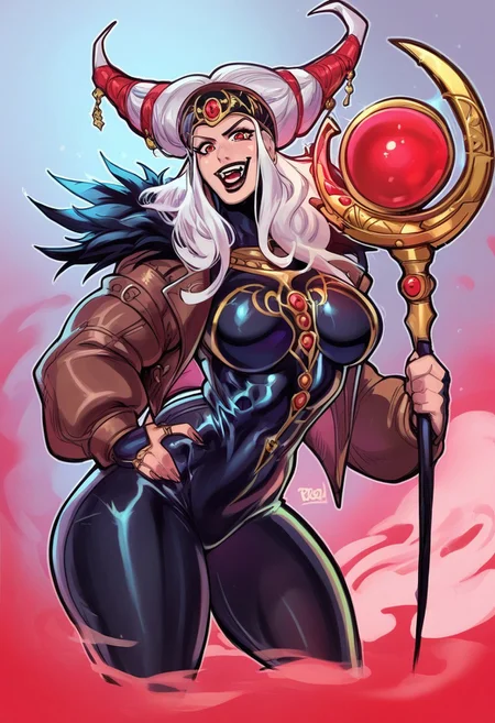 score_9, score_8_up, score_7_up,solo,1girl,mature_female<lora:Rita_Repulsa_from_Power_Rangers:1> rita repulsa, black headwear, white hair,wicked laughing, red eyes, black lipstick,(muscular:1.1), (muscular arms:1.1), dominant, (curvaceous:1.1), (muscular girl:1.1), medium breasts, Thick thighs, brown jacket over skintight black leather suit, (thin gold lines ), close-up, looking at viewer. Leaning forward,Holding staff. Close-up