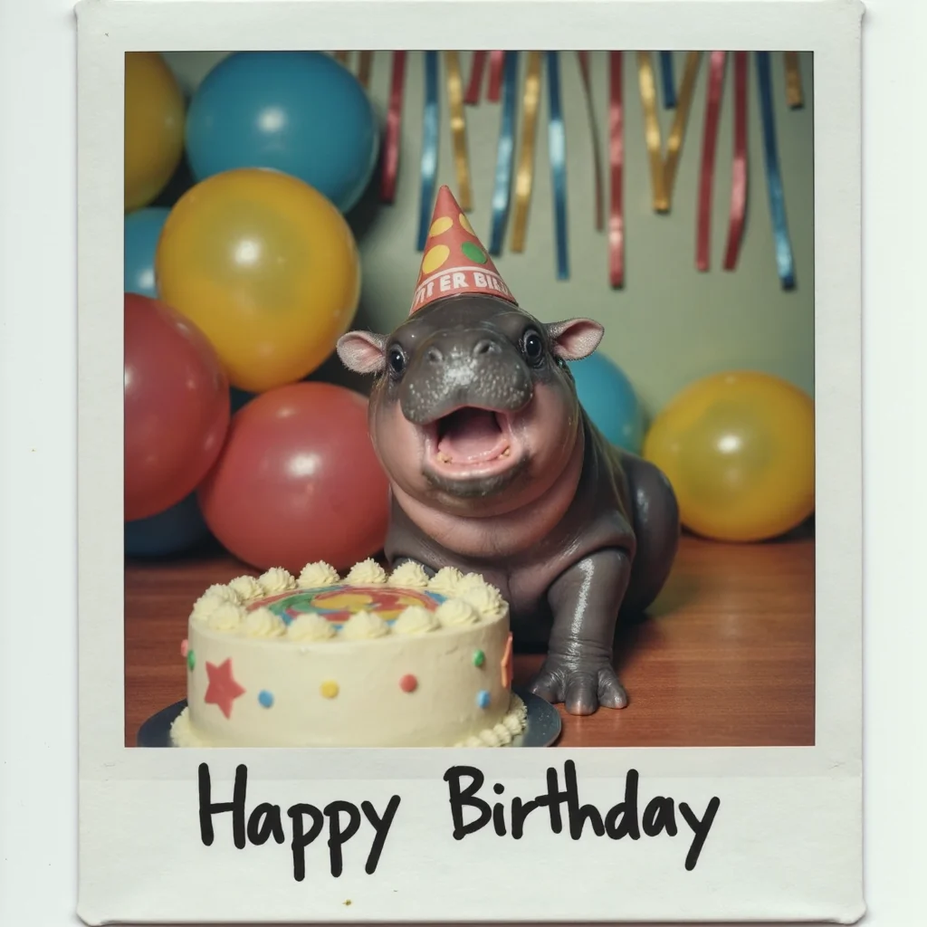 A cute Polaroid photograph capturing a baby hippo at a colorful birthday party. The baby hippo is sitting in front of a birthday cake, wearing a small party hat with bright colors. Balloons and streamers decorate the background, with a festive atmosphere. The hippo’s expression is joyful, its mouth open in delight as if it’s excited about the celebration. The Polaroid photo has a slightly faded, vintage look, with soft edges and a handwritten caption at the bottom that reads “Happy Birthday.” The colors in the image are vibrant but slightly washed out, giving it a nostalgic, heartwarming feel, as though it’s a cherished memory from a fun party.
