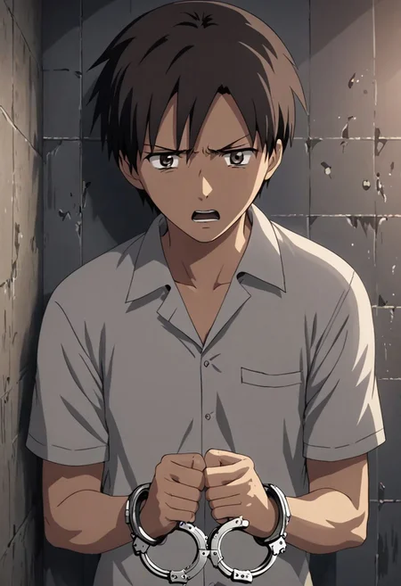 high resolution, solo, best quality, 1Boy, Takaki Toono, Brownish Hair, Brown Eyes, arrested, restrained, struggling, handcuffs, interrogated, interrogation room, OverallDetail