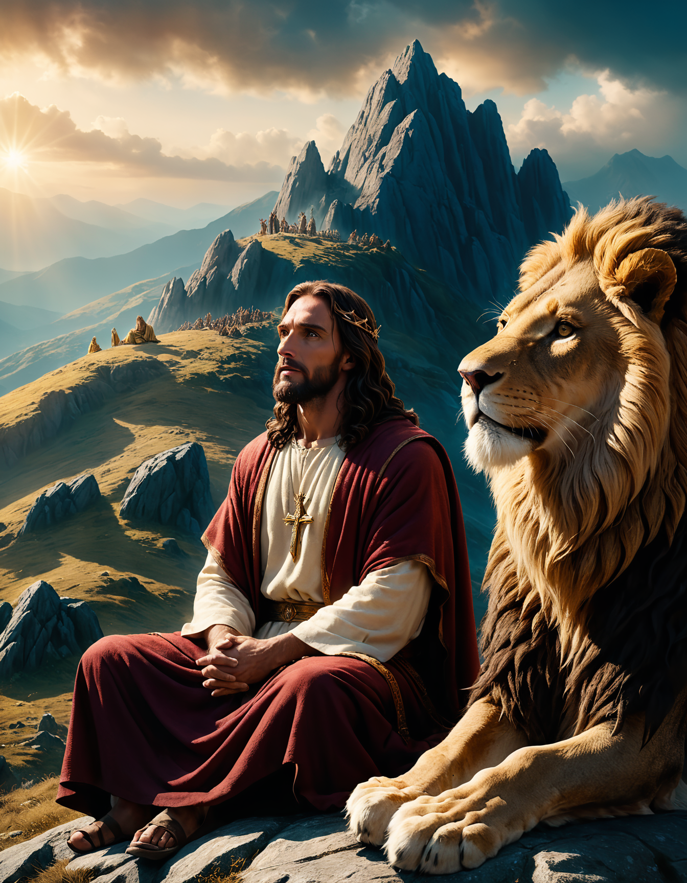 Jesus Christ and Aslan the Lion sitting down on a mountain., cinematic shot, dynamic lighting, 75mm, Technicolor, Panavision, cinemascope, sharp focus, fine details, 8k, HDR, realism, realistic, key visual, film still, superb cinematic color grading, depth of field, <lora:add-detail-xl:3>,