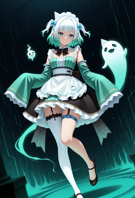 masterpiece, best quality, 1girl, solo, M1ntDef, blue eyes, multicolored hair, white hair, green hair, short hair, two side up, yellow tress ribbon, blue bow, hair bow, triangular headpiece, maid headdress, pointy ears, detached collar, black bowtie, green dress, detached sleeves, center frills, striped dress, black skirt, white waist apron, back bow, blue thigh strap, garter strap, single thighhigh, white thighhigh, wide shot, sleeves past fingers, looking at viewer, smile, dutch angle, abstract background, ghost, standing on one leg, <lora:ChamMintFantomeNoob:1>