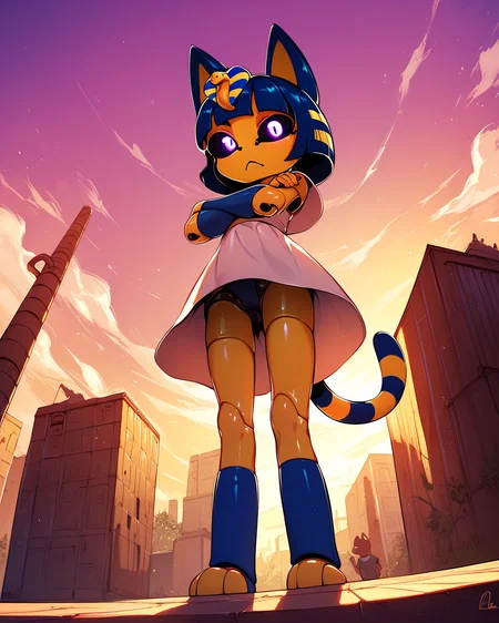 score_9, score_8_up, Ankha, robot, android, metal skin, shiny skin, black sclera, glowing eyes, smooth shading, outdoors, robot joints, metal clothes, arms crossed, from below. upskirt <lora:Robotization_Pony:0.7>, score_9, score_8_up,