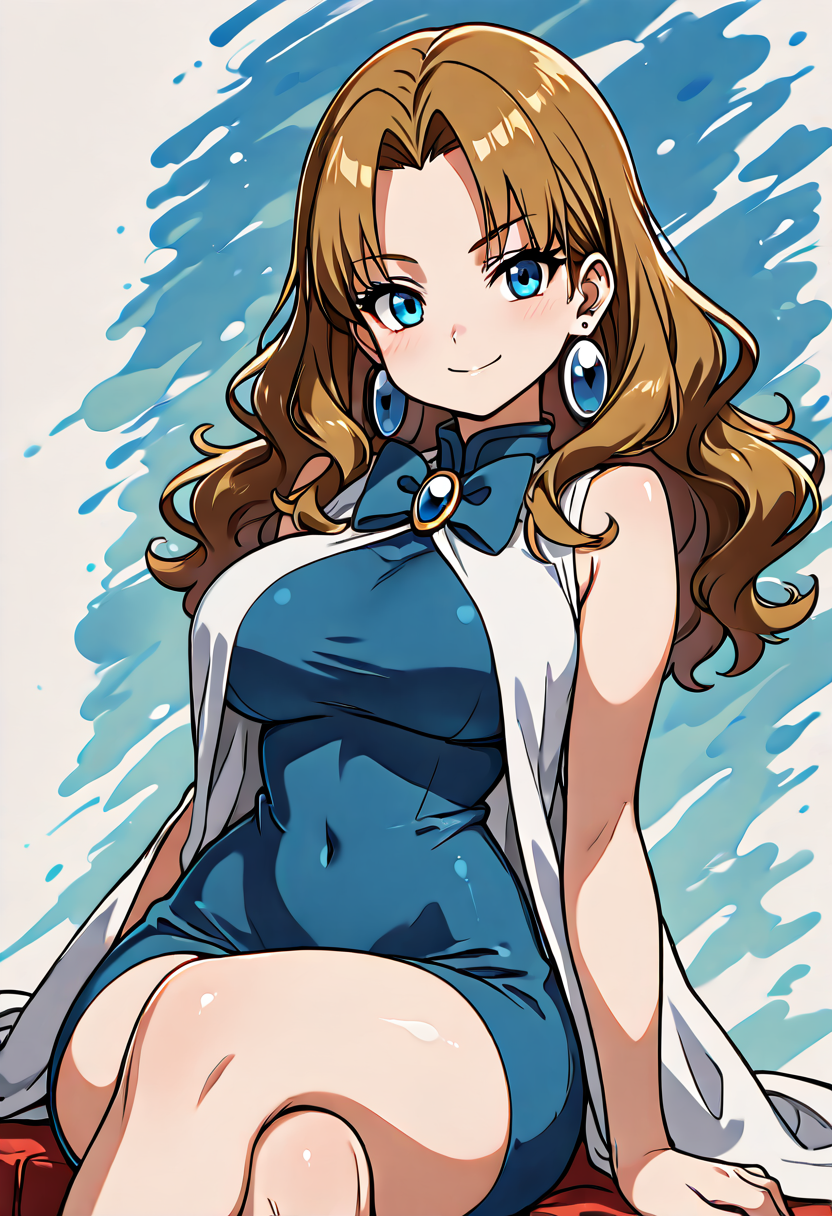 masterpiece, best quality, solo, curvy, beautiful eyes, narrow waist, wide hips, 1girl, solo, smile, looking at viewer, dynamic angle, foreshortening, close up,    zzMolly, molly hale, blue eyes, brown hair, parted bangs, long hair, blue dress, jewelry, earrings, blue bowtie, sleeveless, blue bow, white coat, abstract blue crystal background,    ,<lora:MollyHalePokemonIXL:1.0>, <lora:ZankuroStyle_NAI:0.7>,  sitting, crossed legs, upper body focus, smile, looking at viewer,