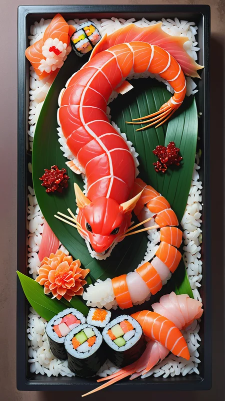 <lora:SushiStyleXL:1>SushiStyle odogaron art by WLOP and Artgerm and Greg Rutkowski and Alphonse Mucha, made out of sushi, sashimi, rice, (japanese:0.5), crafted with sushi, (Masterpiece:1.3) (best quality:1.2) (high quality:1.1)