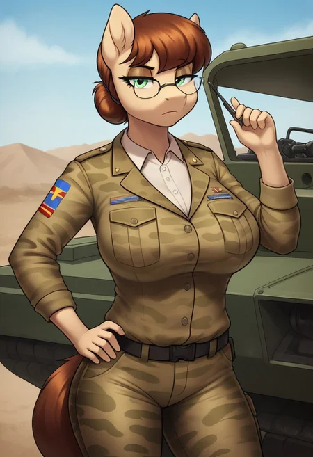 score_9, score_8_up, score_7_up, score_6_up, realistic illustration, dramatic angle, military headquarters, military base, outdoors, day, armored vehicle, apc, tank (vehicle), m1a2 ambrams, m1a2 ambrams MBT tank,,(1girl, ( ((beige body,(brown hair),anthro pony, earth pony, short hair, hair tied,tail,milf body,glasses,((milf)),(green-eyed))),perfect proportions, anthro pony, detailed fluffy fur, perfect body, pony head, tail),
(anthro pony), tail, female focus, looking at you, seducing, serious face, unamused, uniform military, grey undershirt, camouflage jacket military uniform, camouflage military cargo tactical pants, one hand on hip,
