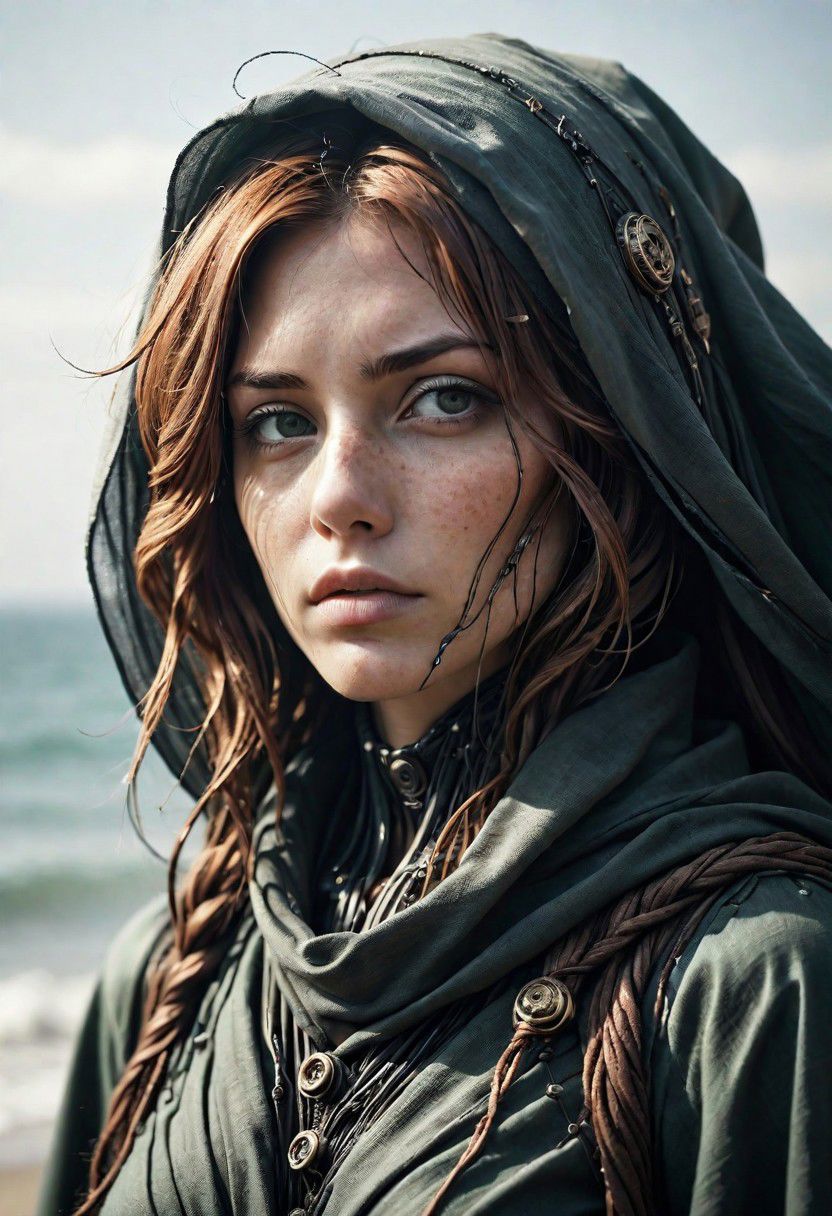 Super Closeup Portrait, Create a DARK dystopian description capturing the essence of a freckled cyborg woman in a close-up photograph, featuring real human DARK green-gray eyes with an intense gaze. The subject has long flowing hair, draped in a ghostly black linen cloak billowing in the wind. The face is a striking fusion of half-cyborg with intricately crafted gold elements and half-human skin, creating a mesmerizing and enigmatic presence. standing at the ocean in bright sunlight, ethereal, sunray, 
very detailed, atmospheric haze, Film grain, cinematic film still, shallow depth of field, highly detailed, high budget, cinemascope, moody, epic, OverallDetail, gorgeous, 2000s vintage RAW photo, photorealistic, candid camera, color graded cinematic, eye catchlights, atmospheric lighting, skin pores, imperfections, natural, shallow dof