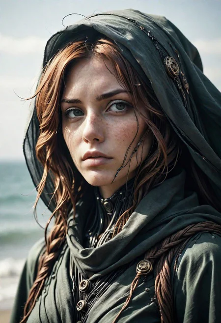 Super Closeup Portrait, Create a DARK dystopian description capturing the essence of a freckled cyborg woman in a close-up photograph, featuring real human DARK green-gray eyes with an intense gaze. The subject has long flowing hair, draped in a ghostly black linen cloak billowing in the wind. The face is a striking fusion of half-cyborg with intricately crafted gold elements and half-human skin, creating a mesmerizing and enigmatic presence. standing at the ocean in bright sunlight, ethereal, sunray,
very detailed, atmospheric haze, Film grain, cinematic film still, shallow depth of field, highly detailed, high budget, cinemascope, moody, epic, OverallDetail, gorgeous, 2000s vintage RAW photo, photorealistic, candid camera, color graded cinematic, eye catchlights, atmospheric lighting, skin pores, imperfections, natural, shallow dof