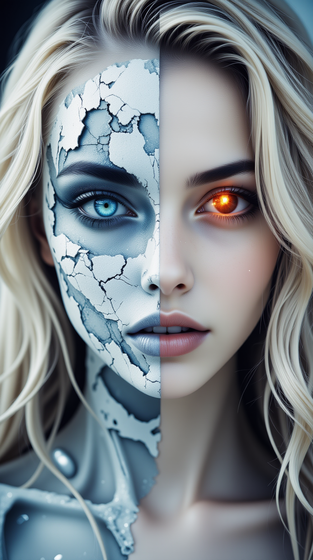 The image is a photograph of a beautiful young woman with a striking, otherworldly appearance. Her face is split down the middle, creating a stark contrast between the left and right sides. The left side of her face is covered in a thick layer of white, cracks from which ice comes, giving it a ghostly, ethereal appearance with her blue eye. Her eye on this side glows with a fierce, fiery orange light, contrasting dramatically with the cold, white texture. she has blonde hair and a beautiful face.








