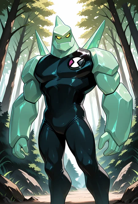 <lora:diamondhead-06:1> diamondhead, robot, yellow eyes, solo, 1boy, no humans, pokemon (creature), armor, spikes, yellow sclera, green skin, bodysuit,  cartoon,  forest,, masterpiece, best quality, amazing quality, very aesthetic, absurdres, newest,