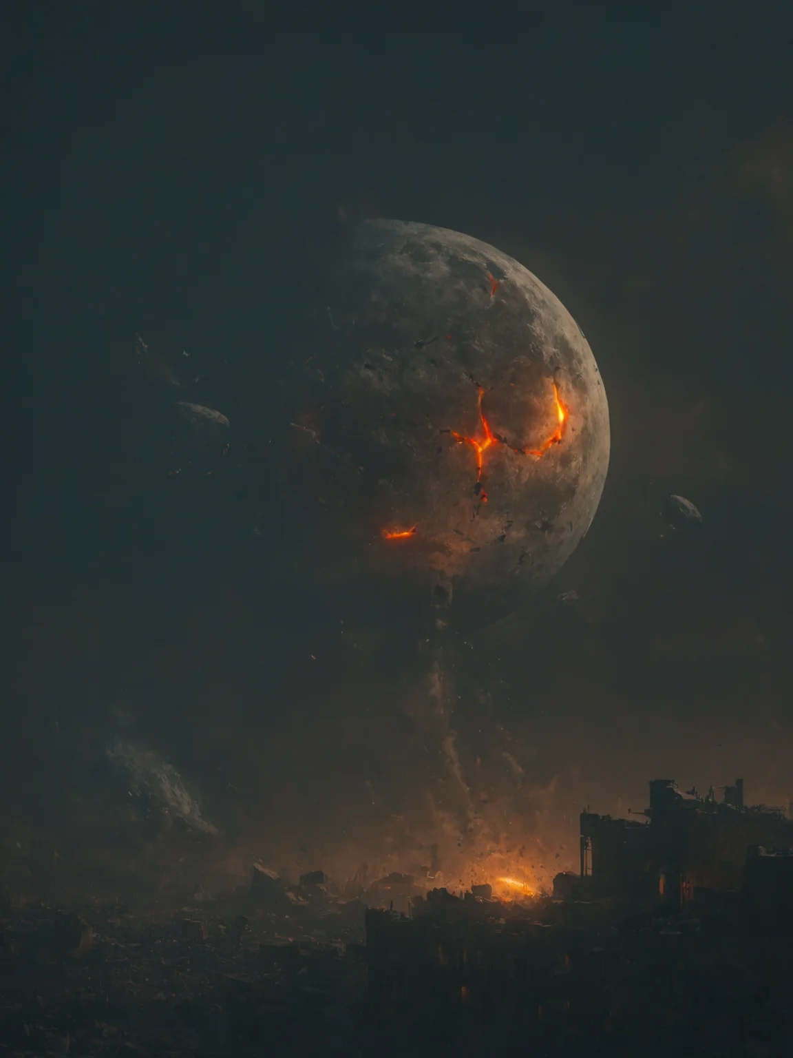 (at night), standing in a devastated and abandoned city, (apocalyptic city foreground), looking up at the sky, the shattered_moon broken by war hangs large in the night sky, <lora:Wolvie_ShatteredMoon_XLv1.1_r1:1>, <lora:MJ52:0.5>, <lora:great_lighting:1> great lighting, textured, luminism, ultra highly detailed, 32k, fantastic realism, complex background, dynamic lighting, highly detailed, intricate, precise details, (balanced center composition, :0.1),