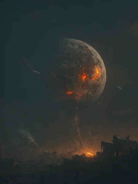 (at night), standing in a devastated and abandoned city, (apocalyptic city foreground), looking up at the sky, the shattered_moon broken by war hangs large in the night sky, <lora:Wolvie_ShatteredMoon_XLv1.1_r1:1>, <lora:MJ52:0.5>, <lora:great_lighting:1> great lighting, textured, luminism, ultra highly detailed, 32k, fantastic realism, complex background, dynamic lighting, highly detailed, intricate, precise details, (balanced center composition, :0.1),