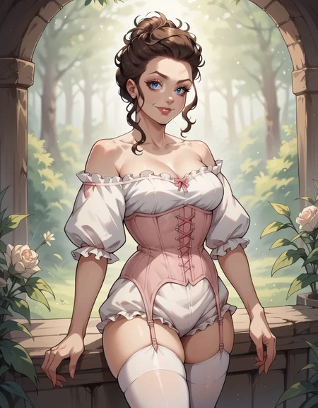 score_9, score_8_up, score_7_up, score_6_up, score_5_up, score_4_up, best quality, 1girl, hud_vtg_ling, pink corset, bloomers, garter straps, puffy sleeves, blouse, off shoulder, jewelry, white thighhighs, <lora:vintage_lingerie-000008:0.7>, adult, blue eyes, pale skin, eyeliner, lipstick, long eyelashes, woman, medium breasts, mature, (brown hair updo:1.3), light smile,