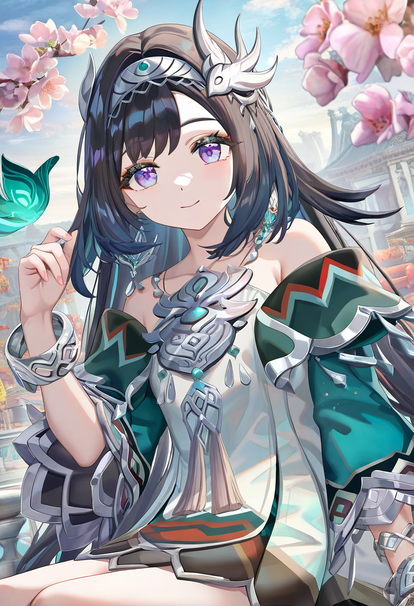 1girl,lan_yan_\(genshin_impact\),long hair,solo,smile,purple eyes,jewelry,bare shoulders,looking at viewer,feather hair ornament,off shoulder,bracelet,earrings,hairband,white dress,off-shoulder dress,long sleeves,
torino aqua, 
very awa,masterpiece,best quality,year 2024,newest,highres,absurdres,
<lora:lanyan_NoobVpred06:1>,