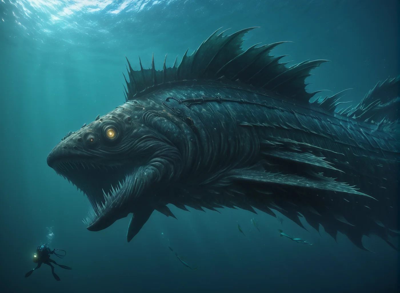 <lora:Leviathan_XL:1> leviathan a sea monster, underwater, under the ocean, depths, fish like, long fins, (masterpiece), best quality, highres, 4k, 8k, intricate detail, cinematic lighting, amazing quality, amazing shading, soft lighting, gloomy colors, dark aura, horror