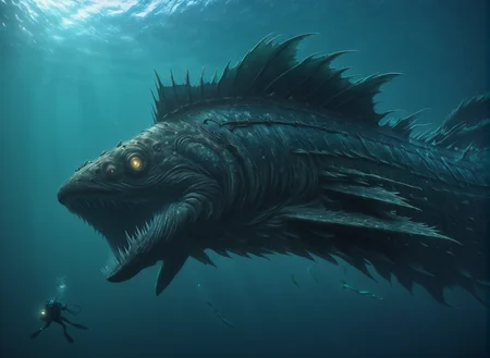 <lora:Leviathan_XL:1> leviathan a sea monster, underwater, under the ocean, depths, fish like, long fins, (masterpiece), best quality, highres, 4k, 8k, intricate detail, cinematic lighting, amazing quality, amazing shading, soft lighting, gloomy colors, dark aura, horror