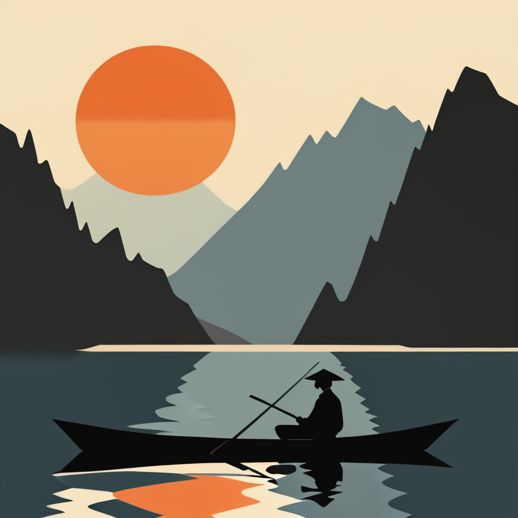 <lora:Modern_Ukiyo-e_illustrationSDXL:1>  Modern Ukiyo-e illustration, The image shows a person in a boat on a lake surrounded by majestic mountains and a beautiful sunset. The person is holding a paddle and the lake is calm and still reflecting the colors of the sky., reflection, solo, silhouette, sun, 1boy, water, weapon, mountain, sword, male focus