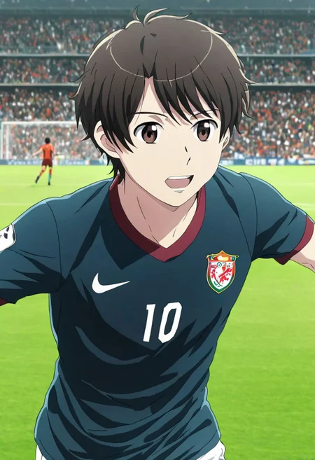 high resolution, solo, best quality, 1Boy, Inaho Kaizuka, Black Hair, Brown Eyes, Soccer , soccer player, field, potrait, sport photography celebration, OverallDetail