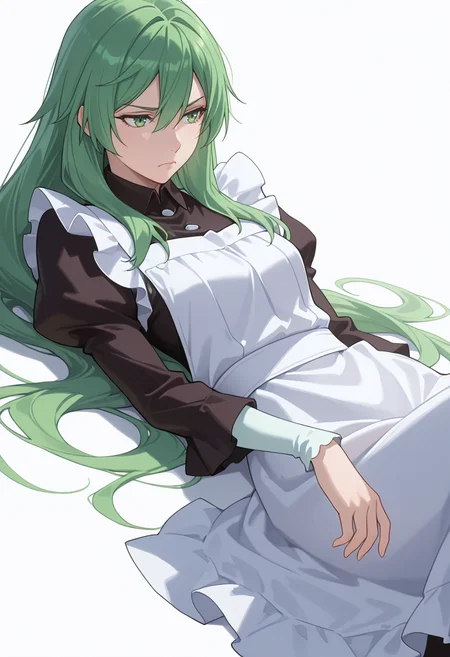 Smooth Quality,masterpiece,very intricate, high quality details, ultra realistic, high detailed skin,detailed enviorement,absurdres,
simple background, white background,
reclining, one leg over other, arm on backrest, calm, composed, ,dynamic angle,despair,solo,
<lora:Misery_cnn:0.8> 1girl, green hair, green eyes, hair between eyes, frown, very long hair, sidelocks,dress, shirt,maid apron, puffy sleeves, long sleeves, juliet sleeves, enmaided,
