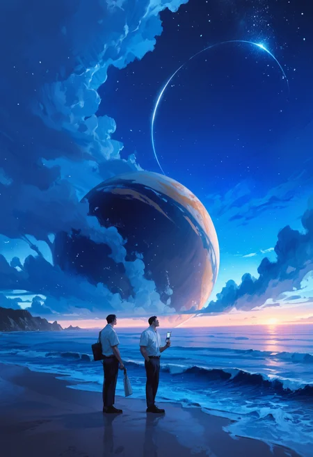 score_9, score_8_up, score_7_up, score_6_up, score_5_up, score_4_up,
<lora:ScenicHorizonsV3.1:1> sc3n1ch0r1s0ns,
1girl, solo, short hair, shirt, black hair, 1boy, holding, school uniform, white shirt, male focus, short sleeves, ((sky)), shoes, pants, cloud, signature, from behind, blue sky, dutch angle, night, black pants, ocean, cloudy sky, star, night sky, scenery, floating, starry sky, blue theme, horizon, facing away, space, wide shot, planet, midair, surreal
