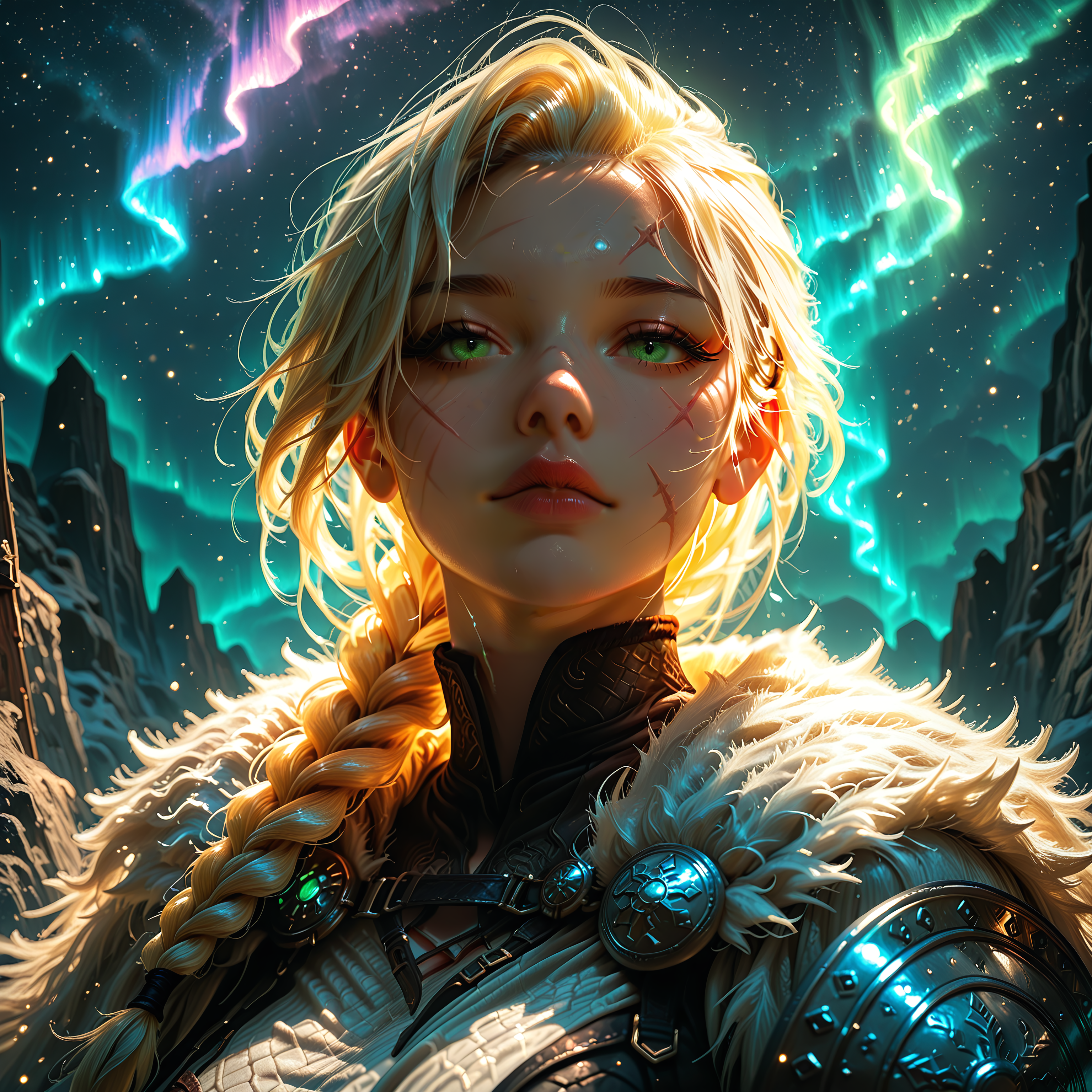 smooth quality, HDR, 8K, masterpiece, best quality, amazing quality, very aesthetic, absurdres, newest, (scenery, volumetric lighting), realistic, simple background, from above, portrait, longship, aurora, fjord, depth of field, 1girl, mature female, fur cloak, braided ponytail,  blonde hair, viking, shield, shield pattern, holding shield, expressionless, undercut,  green eyes, scar on cheek,  masterpiece, best quality, amazing quality, very aesthetic, absurdres, newest, (scenery, volumetric lighting), realistic, depth of field,  <lora:add-detail-xl:1.5>  <lora:biolum:1>, bioluminescen, glowing,