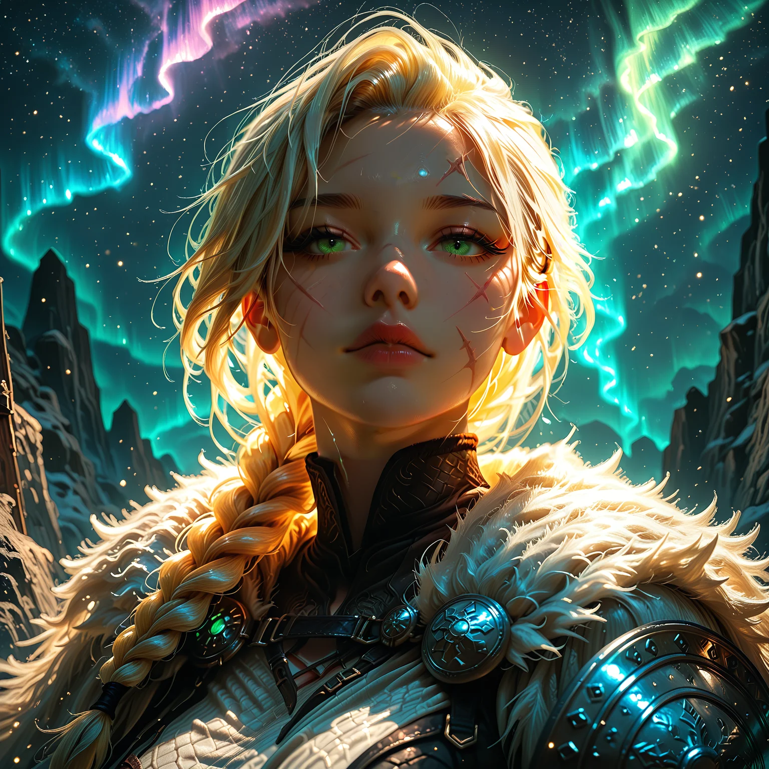 smooth quality, HDR, 8K, masterpiece, best quality, amazing quality, very aesthetic, absurdres, newest, (scenery, volumetric lighting), realistic, simple background, from above, portrait, longship, aurora, fjord, depth of field, 1girl, mature female, fur cloak, braided ponytail, blonde hair, viking, shield, shield pattern, holding shield, expressionless, undercut, green eyes, scar on cheek, masterpiece, best quality, amazing quality, very aesthetic, absurdres, newest, (scenery, volumetric lighting), realistic, depth of field, <lora:add-detail-xl:1.5> <lora:biolum:1>, bioluminescen, glowing,