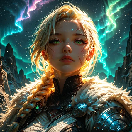 smooth quality, HDR, 8K, masterpiece, best quality, amazing quality, very aesthetic, absurdres, newest, (scenery, volumetric lighting), realistic, simple background, from above, portrait, longship, aurora, fjord, depth of field, 1girl, mature female, fur cloak, braided ponytail, blonde hair, viking, shield, shield pattern, holding shield, expressionless, undercut, green eyes, scar on cheek, masterpiece, best quality, amazing quality, very aesthetic, absurdres, newest, (scenery, volumetric lighting), realistic, depth of field, <lora:add-detail-xl:1.5> <lora:biolum:1>, bioluminescen, glowing,